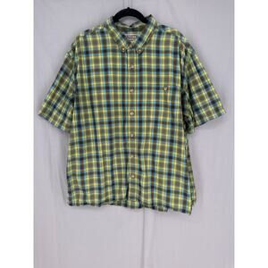 Duluth Trading Shirt Mens 2XL Green Plaid Relaxed Fit Short Sleeve Camp Button